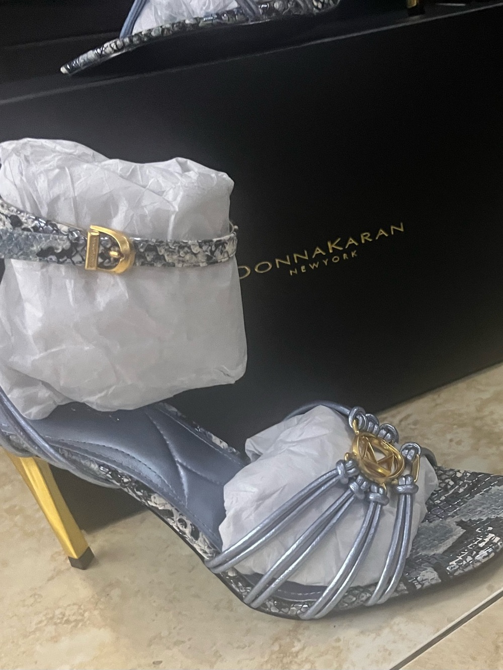 Metallic Light Blue Strappy High Heel Sandal with Gold Accent - Picture 3 of 5